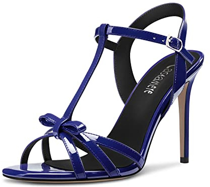 Castamere Femmes Aiguille Haut High Talon Heel Ouvert Bout Lanières Cheville T-strap Nœud Papillon Sandales Danse Décontracté 10 CM Heels Bleu Marine 42 EU