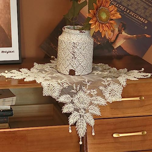 VIRFONOR Handmade Embroidery Beaded lace Doilies - Home Decor Mat for Coffee Table, Ornaments, Flower Pot, Home, Wedding Decoration(15.7’’x15.7’’, Beige)