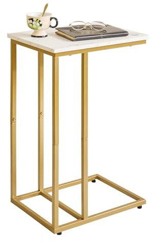 Aibiju C-Form Beistelltisch, Betttisch Laptoptisch, Beistelltisch Sofa, Geeignet für Schlafzimmer, Wohnzimmer, Büro,Weiße Marmorfarbe Holzbretter mit goldenem Metallrahmen, YD-TM051G