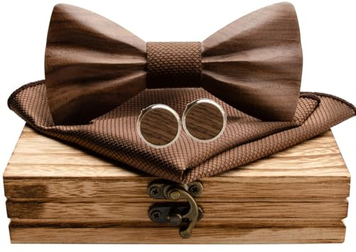Mr.Van Pajarita de Madera Hombre, Nogal Negro Natural, Gemelos y Pañuelo de Bolsillo Conjunto de Pajarita, Para Novio, Padrinos de Boda con Caja de Regalo para Hombres Bodas y Negocios