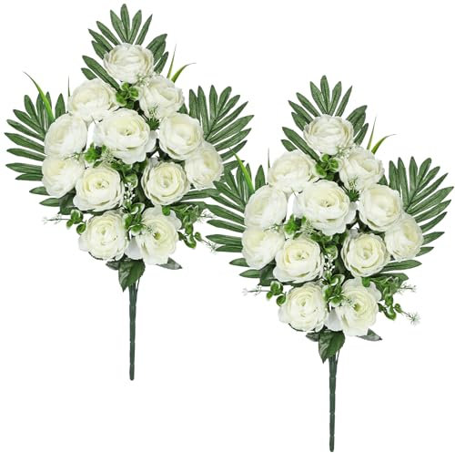 Arborus 2 flores artificiales de cementerio para tumbas de 21.6 pulgadas, ramo de flores de camelia blanca falsas, flores de seda conmemorativas para decoración de tumbas, flores artificiales de