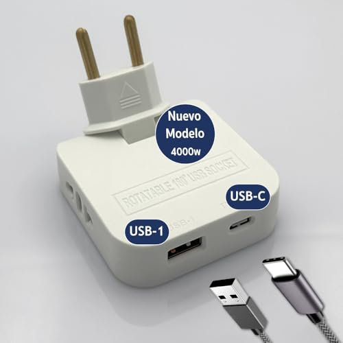 3-Stars | Ladron Enchufes Plano con USB C de 4000W (Mayor Potencia). 4 Tomas: 2 Puertos de Carga Enchufe USB Tipo 1 y Tipo C - 2 Enchufes. Diseño: Enchufe Plano Pared Extraplano. Espacio reducido.