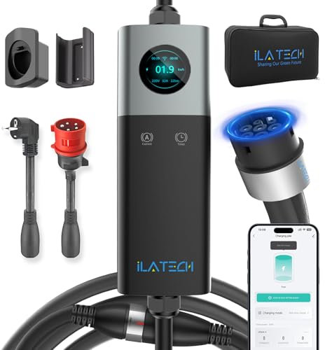 iLa Tech Mobile Wallbox 22kW WiFi, EV Ladegerät 32A für BEV mit Typ 2 Ladekabel 5M, LCD Display, IP66 Wasserdicht mit Kabelhalterung Aufbewahrungstasche und Adapter CEE 32A Rot 3-Phasig+EU Schuko 16A