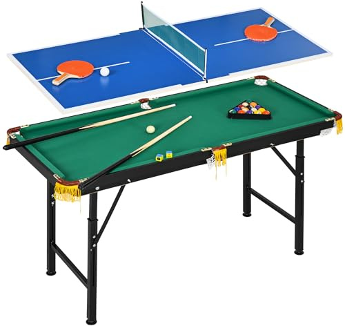SPORTNOW Tavolo Multigioco Pieghevole 2 in 1 con Accessori Inclusi, Tavolo Ping Pong e Tavolo Biliardo in MDF, Acciaio e Plastica, 140x63x60-80 cm, Blu Verde e Nero
