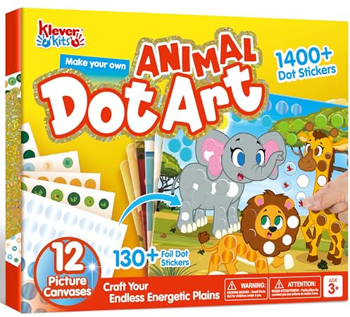 Klever Kits Animal Dot Art Kit for Kids, No Mess Sticker for Toddlers 3-7, Craft Kits, DIY Creative Activity, Travel Toy, Birthday Gifts for Boys Girls