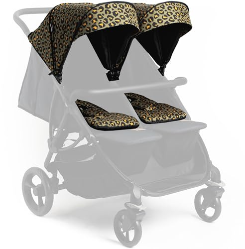 Roma Gemini - Passeggino doppio, colore: cachi leopardato, compatto fianco a fianco per neonati, 69 cm di larghezza, 22 kg per sedile, imbracatura magnetica, facile da montare, ruote antiforatura
