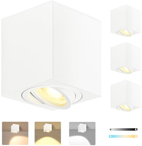 GeyouLux LED Surface Mounted Spotlights White Dimmable, 80x84mm Square Ceiling Spots, 30° Adjustable, incl. 5W 500LM LED Module 230V, 3CCT 3000K/4000K/6500K, 4 Pack
