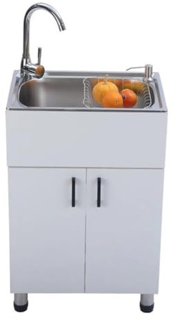 Évier Utilitaire 1 Bac avec Robinet, Évier De Cuisine Autoportant avec S-Tuyau De Drainage Et Cage à Déchets en Acier Inoxydable pour Restaurant Et Salle De Bain