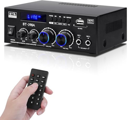 BT-398A Amplificadore Audio, Amplificadore Bluetooth 5.0 2.0 Canal 60W+60W Potencia Nominal Mini Altavoces Amplificadores de Sonido Digital FM Radio USB SD Card para Home Theater Sistema de Audio
