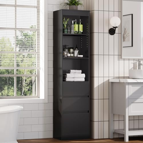 FORABAMB Badezimmerschrank Hochschrank 180x40x30cm Badschrank schmaler mit 3 Schubladen Standregal mit verstellbaren Regalen für Badezimmer, Wohnzimmer, Schlafzimmer (Schwarz)