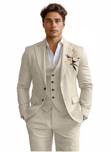 Costume de smoking 3 pièces en lin pour homme - Coupe ajustée - Pour la plage, les mariages, les affaires, le marié et le bal