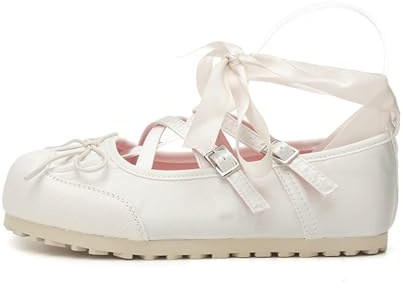 Ballet Sneakers for Woman Trendy Buckle Straps Lace Up Ballerina Flats Fancy Cute Ballet Shoes with Bow 2025 Spring Summer Fashion Comfortable Casual Footwear(Numeric_7,White)