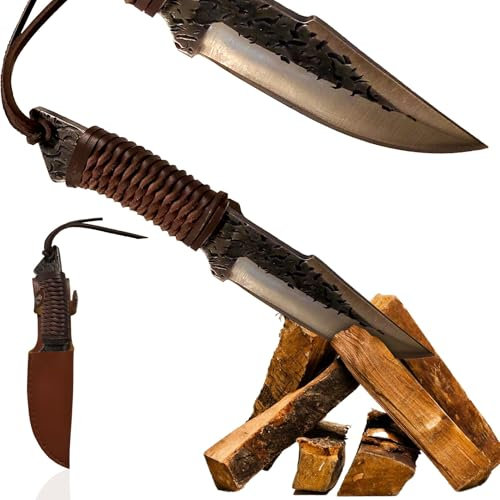 Swords and more Coltello da caccia celtico - lama affilata e appuntita forgiata a mano con fodero in vera pelle, vichingo, da esterno, in acciaio, da sopravvivenza a lama fissa