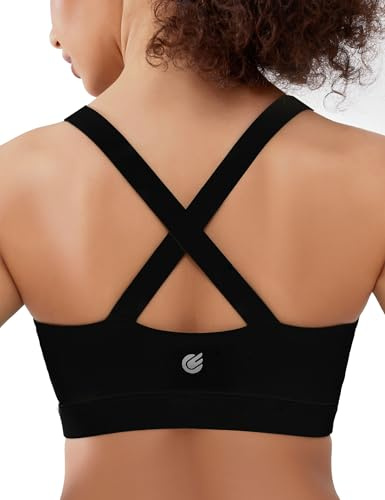 Cordaw Pickleball Sports Bras for Women High Support, Molded Cup Crisscross Back High Impact Workout Yoga Bra Black M