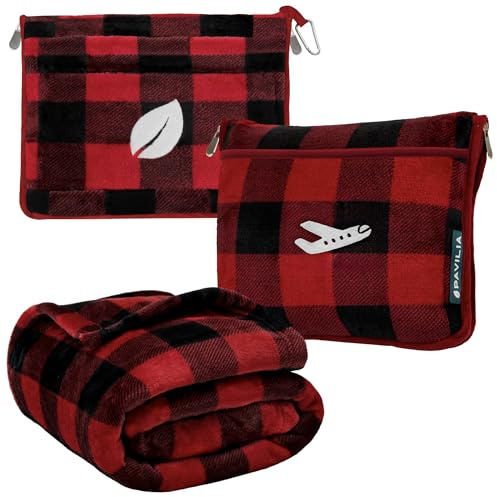 PAVILIA Coperta da viaggio, set di coperte per aeroplano in borsa morbida con tasche, coperta per aereo, compatta e pieghevole, cuscino essenziale per auto, accessori per viaggiatori, regali, cinghia