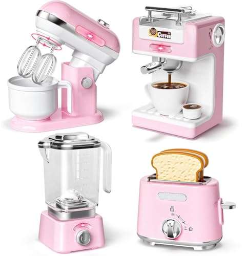 BAKAJI Set 4 Elettrodomestici da Cucina Giocattolo per Bambini, Planetaria, Macchina del Caffè, Tostapane e Frullatore, Luci e Suoni Realistici, Mixer, Impastatrice, Coffee Maker, Idea Regalo (Rosa)