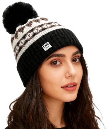FOSDICK Gorro de Invierno para Mujer, Negro Gorro Pompon Pelo Mujer, Cálido Grueso Gorros de Punto para Actividades Al Aire Libre y Uso Diario en Invierno