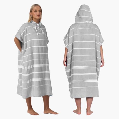 UHRMF 1pcs Cotton Turkish Towel Poncho Turkish Surf Poncho Changing Towels Wearable Beach Towel Hooded Swim Robe with Pocket Swim Cover Up for Adult Man Women Surf, Beach, Pool and Swim (Grey, M)