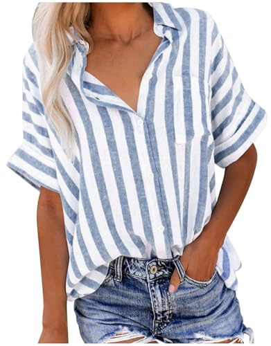 Chemise Femme Coton et Lin Blouse Été Pull Col V Classique Crop Top Boutonnée Rayée T-Shirts à Manches Courtes Respirant Vetement Décontracté Haut Tee Shirt Manche Courte Tailles S XXL #0407Y