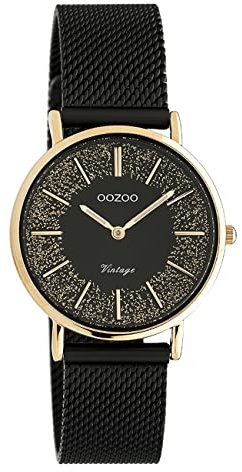 Oozoo Flache Vintage-Damenuhr mit Edelstahl-Glitzer, 32 mm Ziffernblatt, C20143 - Rose/Noir/Noir, Gurt
