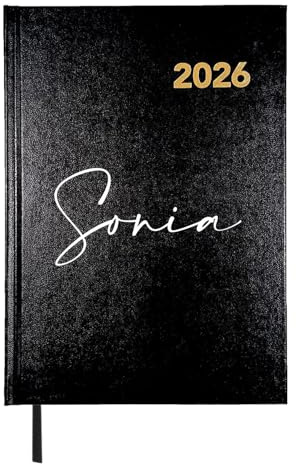 PROMO-SHOP - Agenda Negra 2026 Personalizada con tu Nombre, Tapa Forrada en Vinilo, 12 Meses, Página por Día de Lunes a Viernes, Tamaño A5, Marca-Páginas Incluido