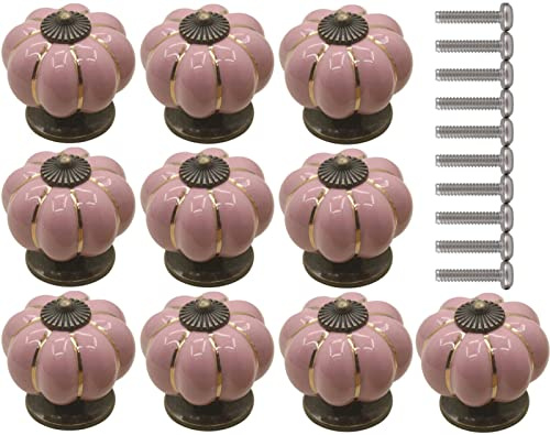 ZESLIV 10 Pezzi Pomelli a forma di zucca per Cassetti bambini con Viti 40mm Pomolo tondo per mobili in ceramica rosa