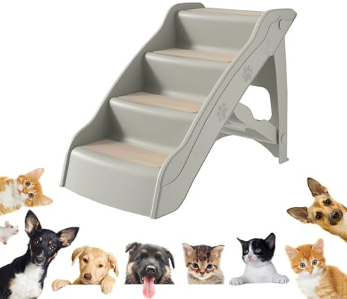 UISEBRT Escalera plegable para perros, 4 peldaños, para mascotas, con alfombrilla antideslizante y barra de apoyo para mascotas de hasta 75 kg, color gris