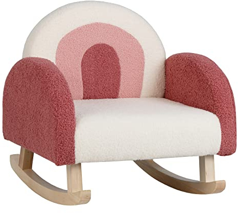 DREAMADE Fauteuil à Bascule Rembourré Enfant 3-5 Ans, Canapé d'Appoint en Velours Teddy avec Dossier Élargi, Pieds en Bois Massif, Anti-basculement, pour Salle de Jeux, Chambre, Salon (Rouge)