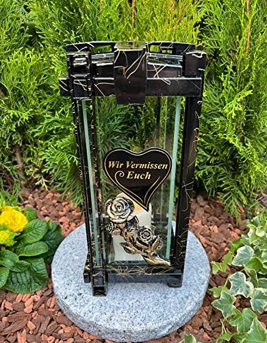Grablampe Grablicht Gold Marmor NEU Laterne mit Spruch - WIR VERMIESSEN EUCH - 33 cm H. - Grablampe Kerze Grabkerze Grabdekoration inkl. Kerze