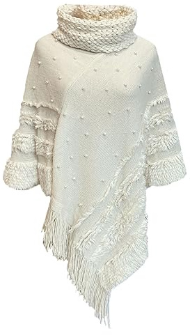 Rayson Mantella di Perle Donna Invernale Poncho a Collo Alto con Borlas Lavorato a Maglia Poncho Autunno Inverno(Beige)