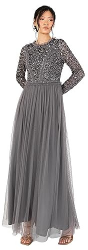 Maya Deluxe Women's Maxi Dress Ladies Crew Neck Long Sleeve Sequin Embellished Tulle Ruffle for Wedding Guest Bridesmaid Ball Gown, Charcoal, 46