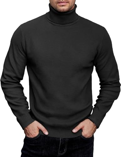 COOFANDY Suéter para hombre con cuello de tortuga, suéter acanalado con cuello redondo enrollado, suéter de manga larga, prenda de punto ligera para negocios y trabajo, Negro, L