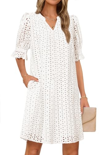 MEROKEETY Women's 2026 Summer Short Sleeve Mini Dress V Neck Ruffle Hollow Out Eyelet Lace Dresses, White, Medium