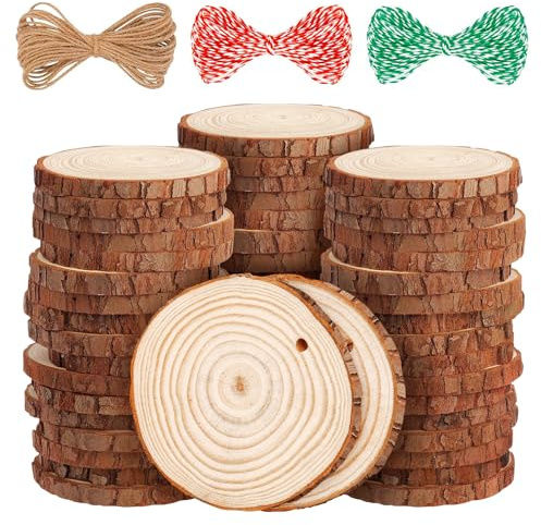 LOOFORE Natural Wood Slices, 54 Pcs 6-7cm Unfinished Wooden Coasters, Predrilled Log Discs Wooden Log Slices, with 3 Ropes for Arts DIY Crafts, Christmas Decorations or Wedding Favours