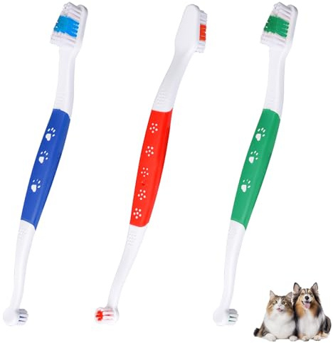 3 Pezzi Spazzolino da Denti a Doppia Testa per Animali Domestici, Spazzolino da Denti per Cani e Gatti con Setole Morbide per la Cura Dentale Degli Animali Domestici ((Drie Kleuren))