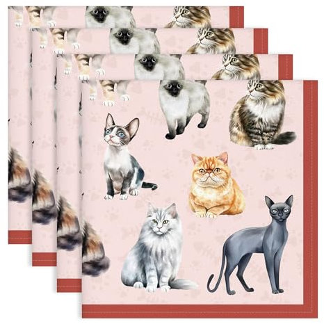 Arquiel Servilletas De Gatos Tela De Cocina, Servilletas De 4 De Tela 100% Algodón Suaves Cómodas Lavables Reutilizables Servilletas De Mesa para Cenas Familiares, Cócteles, Bodas