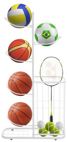 CUMELLIIR Soporte de pelota de baloncesto, 5 bolas, soporte de balón, balón con cesta, estante estable, equipo deportivo, organizador de voleibol de rugby, pantalla de fútbol, color blanco