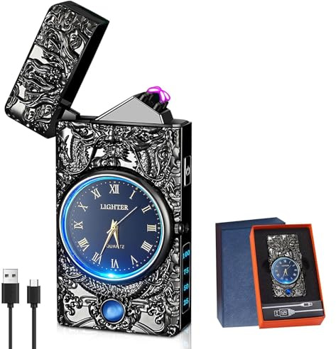 Mechero electrónico USB, de plasma, encendedor de arco eléctrico, con función de iluminación LED y reloj, resistente al viento, con indicador de batería, encendedor de tormentas para cocina, chimenea