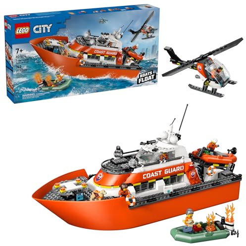LEGO City Coast Guard Rescue Boat & Helicopter Building Toys - Kids Pretend Play Set for Boys & Girls, Ages 7+ - W/2 Rescue Boat Toys, 5 Minifigures & Dog Figure - Gift Idea for Birthdays - 60504
