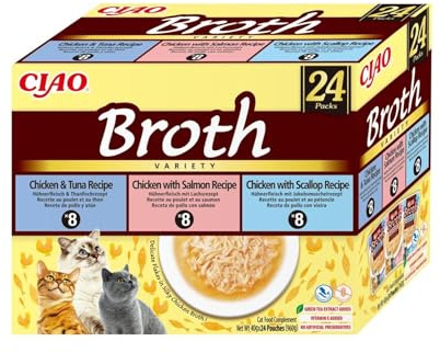 INABA Ciao Broth Gatos - Receta Saludable de Caldo de Pollo, 3 Sabores Diferentes - Comida Húmeda con Tiras de Pollo, Salmón, Atún y Vieira - Natural, sin Cereales - 960g (24 Sobres x 40g)