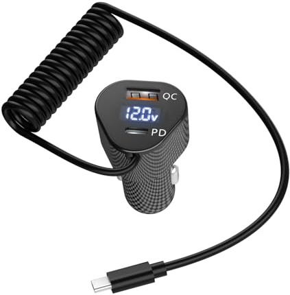 72W Car Charger for iPhone 17 16 15 Pro Max, 3 in 1 Car Charger USB C Fast Charge with Retractable Coiled Cable, Cigarette Lighter Adapter with Voltage Display for Samsung S25 S24 & Google Pixel