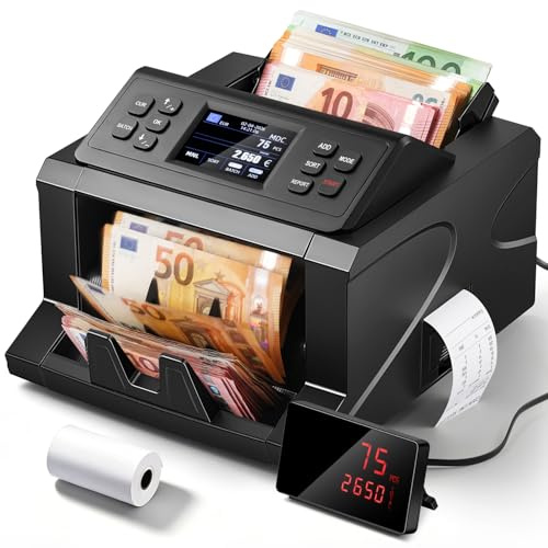 CGOLDENWALL Compteuse de Billets Professionnelle avec Imprimante Intégrée | Totalise Billets Mixte (8 Devises), 1000 billets/min, Détection de Faux CIS/UV/IR/MG, Tri, Fonctions Batch et AD