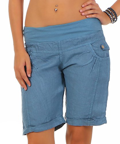 Malito Pantaloncini da Tessuto di Lino Pantaloni Hotpants 3001 Donna (L, Blu)