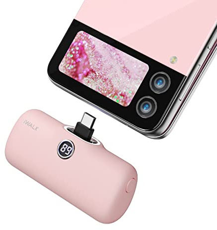 IWALK USB-C bärbar laddare på 4 800 mAh, 20 W, powerbank, litet snabbladdande batteripaket med LED-skärm kompatibel med iPhone 15 Plus/15 Pro Max/iPad/AirPods Andriod telefon, Samsung, rosa