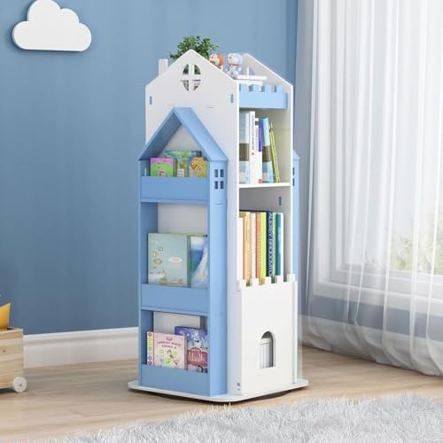 Nisorpa 3 Tier Rotating Bookcase Castle, Kids Bookshelf Floor Standing 360° Rotating Bookshelf, Revolving Kids Book Storage for Bedroom, Living Room, Study Room
