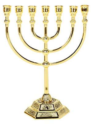 BRTAGG Menorah 7 Ramas, 12 tribus de Israel, candelabro judío con Base Hexagonal (17 cm, Oro)