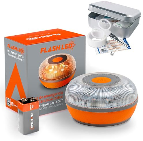 FLASH LED SOS Luz de Emergencia V16 Conectada Homologada DGT 3.0 OBLIGATORIA, SIM y Servicio DE Datos Incluido hasta 2038, Base Imantada, Resistencia IP54 + Set Caja Mini Primeros Auxilios