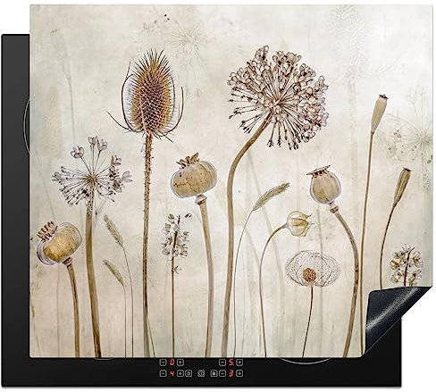 KitchenYeah© Cubre Vitrocerámica - Protector Vitroceramica Induccion 60x52 cm - Tapa Vitroceramica - Protector de Vitroceramica Flores - Acuarela - Bodegón - Marrón - Vintage