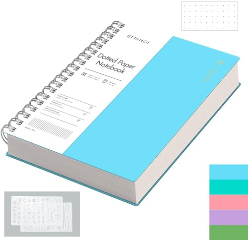 EMSHOI B5 Notebook, Spiral Dotted Journal, 300 Pages, PVC Cover, Blue | 100GSM Paper, Flexible Plastic Cover, Notepad with Journaling Stencils, Pocket, Pen Loop, Bookmark Ruler, 19 x 25.8cm