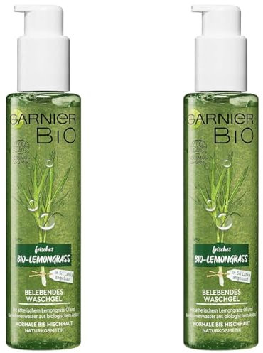 Lemongrass Aceite para limpieza facial, glicerina vegetal, Garnier Bio Lemongrass Belebendes Waschgel, Naturkosmetik, 150 ml (Paquete de 2)